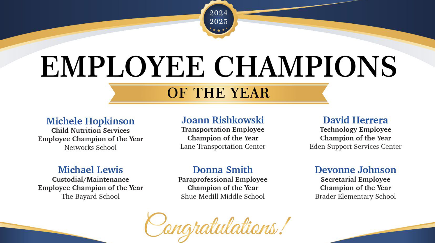 Banner 2024 2025 Employee Champions of the Year. List of Employee Champion winners. Congratulations!